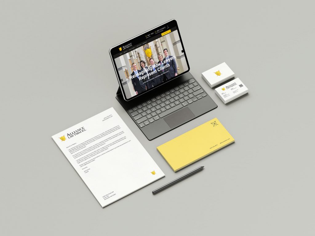 Alliance law firm logo and website displayed on letterhead, tablet with keyboard, front and back of business cards, sticky notes, and a pencil